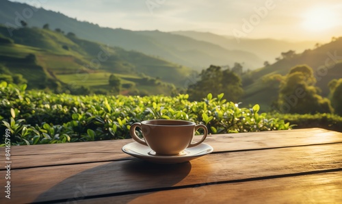 Tranquil tea plantation scene behind wooden table, Cup of tea