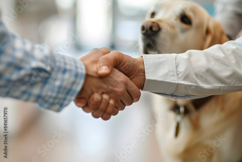 A detailed shot of a veterinarian shaking hands with a pet owner, with a blurred background of a veterinary clinic, providing ample copy space