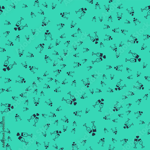 Black Glass of champagne icon isolated seamless pattern on green background. Happy Valentines day. Vector