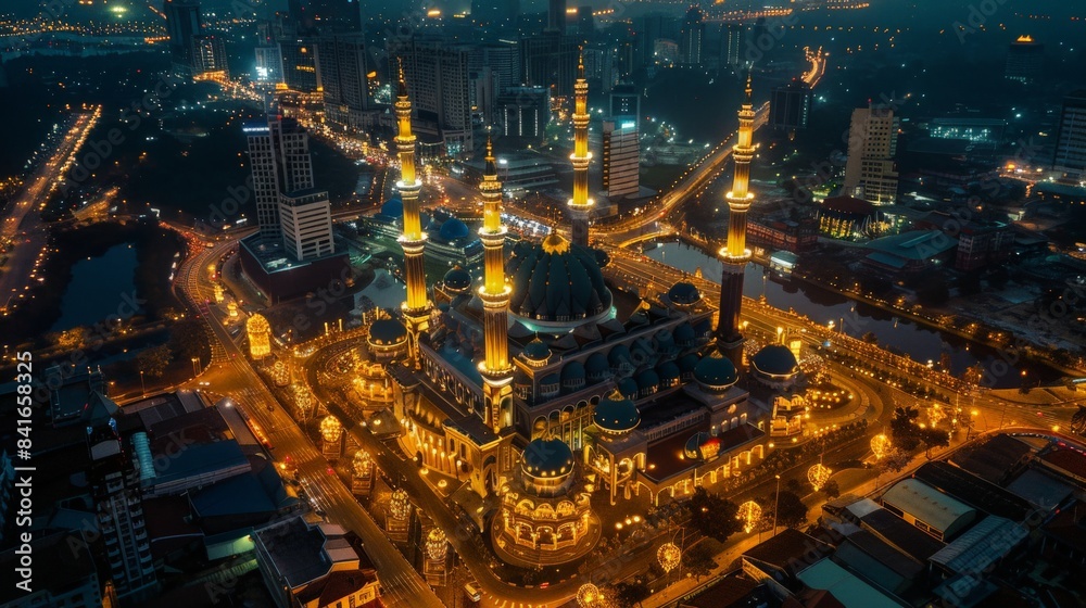 Obraz premium Aerial view of a city lit up with Ramadan decorations, showcasing the communal spirit during the holy month