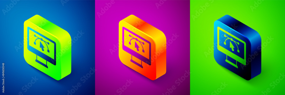 Isometric Computer display with vector design program icon isolated on isolated on blue, purple and green background. Photo editor software with user interface. Square button. Vector Isometric Computer display with vector design program icon isolated on isolated on blue, purple and green background. Photo editor software with user interface. Square button. Vector