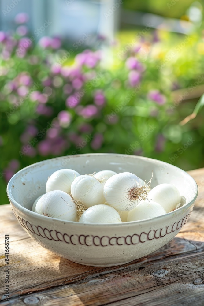 fresh white onion in a bowl in a white bowl on a wooden table. Selective focus fresh white onion in a bowl in a white bowl on a wooden table. Selective focus