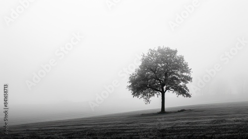 Solitary tree in a foggy field