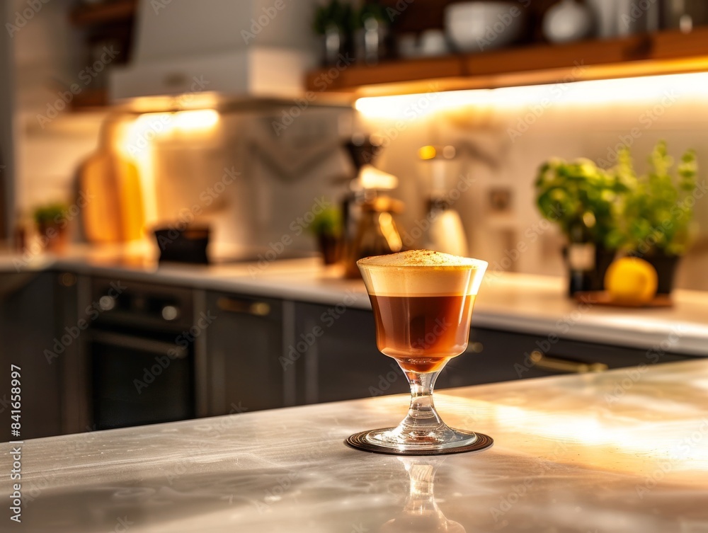 A professional photo of a hot coffee being served on a glass on top of a kitchen counter.