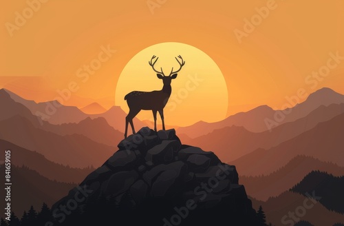 A deer stands a top of a mountain at sunset 