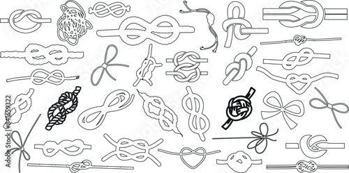 Knots, rope, cord, tie, knot designs black outline vector illustrations, various knot types