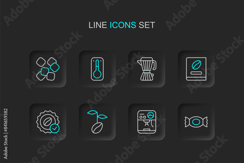 Set line Candy, Coffee machine, beans, Medal for coffee, book, maker moca pot, thermometer and Sugar cubes icon. Vector