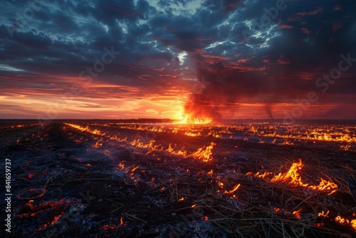 Dramatic Farmland Fire at Sunset