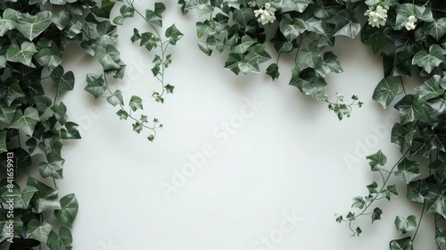 Beautiful ivy green and flowers against a white backdrop photo