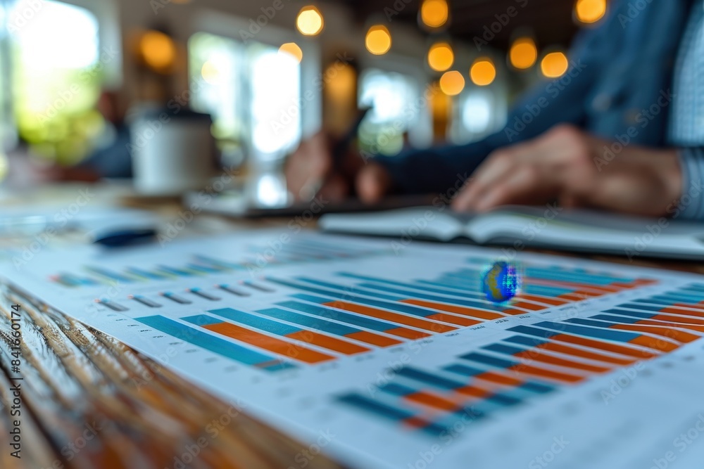 business meeting with graphs and charts showing a steep upward trend, symbolizing sales growth in a company. The scene is modern, with professionals working on a desk 