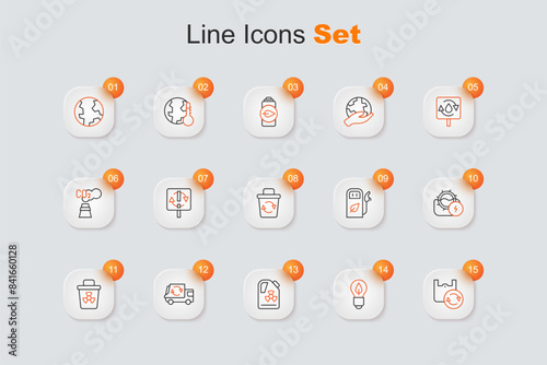 Set line Shopping bag with recycle, Light bulb leaf, Radioactive waste barrel, Garbage truck, Infectious, Water mill, Petrol or gas station and Recycle bin icon. Vector