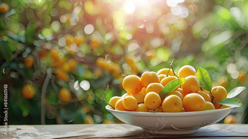 kumquat in a bowl in a white bowl on a wooden table. Selective focus photo