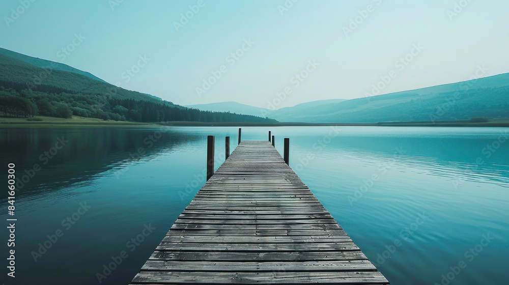 Naklejka premium Tranquil Wooden Pier Over Lake