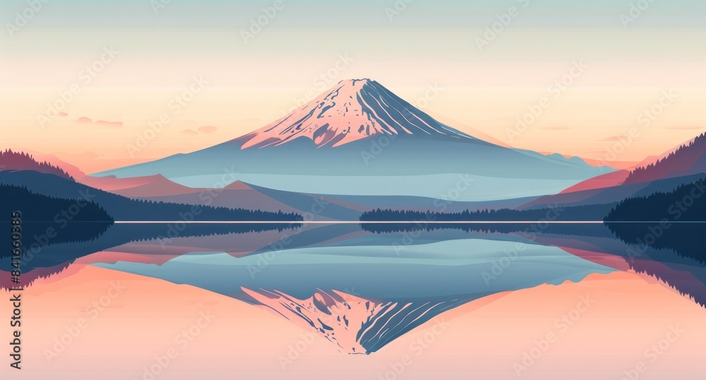 A minimalist flat illustration of Mount Fuji with smooth, simple shapes and muted colors, reflecting the serene beauty of the mountain in Japan