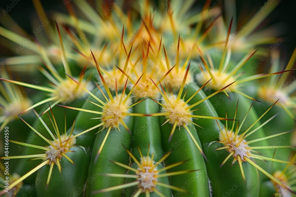 Close-up of a vibrant green cactus with yellow spines and orange tips Close-up of a vibrant green cactus with yellow spines and orange tips