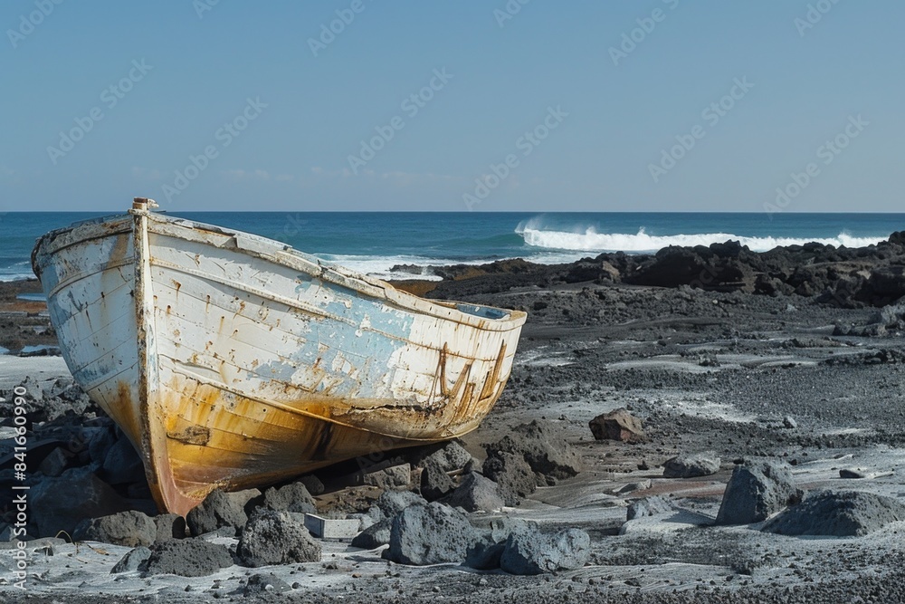 Abandoned Weathered Boat on Rocky Shore Abandoned Weathered Boat on Rocky Shore