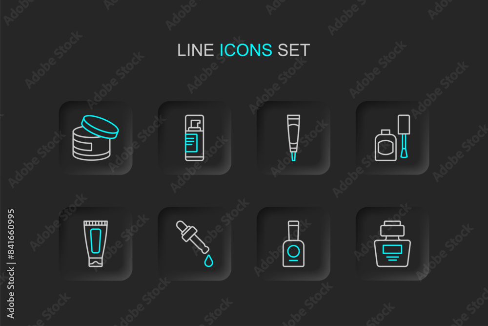 Set line Perfume, Bottle of nail polish, Pipette with oil, Cream or lotion cosmetic tube, Shaving gel foam and icon. Vector Set line Perfume, Bottle of nail polish, Pipette with oil, Cream or lotion cosmetic tube, Shaving gel foam and icon. Vector