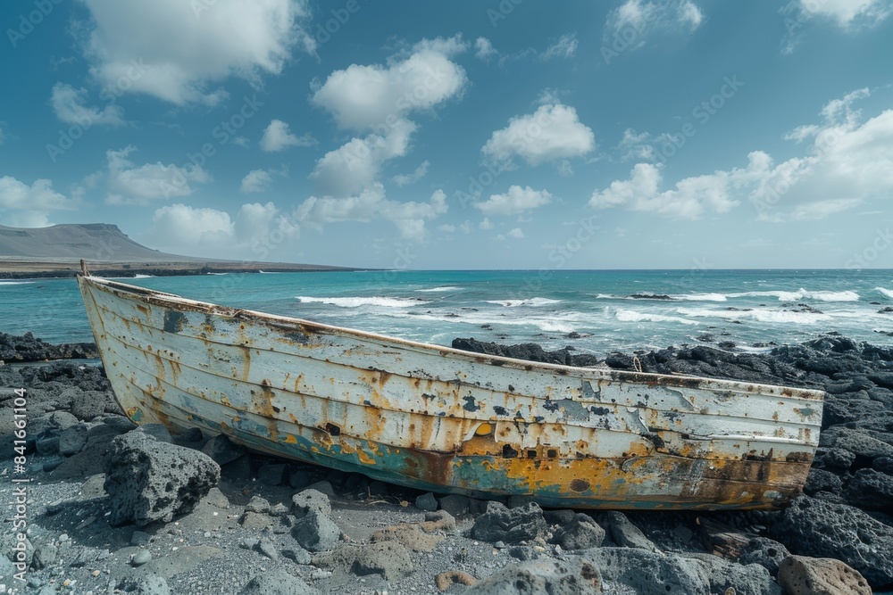 Abandoned Rustic Boat on Rocky Shore Abandoned Rustic Boat on Rocky Shore