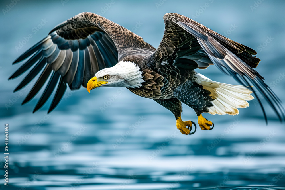 Close up of a bald eagle flying over the water surface of a lake Close up of a bald eagle flying over the water surface of a lake