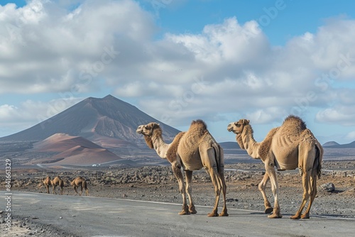 Camels on Road Through Volcanic Landscape