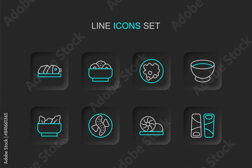 Set line Guotie, Xiao long bao, Served cucumber plate, Wonton, Soy sauce in bowl, Rice, Chow mein and Fish with sliced pieces icon. Vector