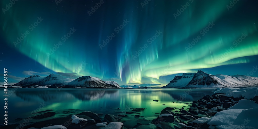 Naklejka premium aurora borealis illuminating snow covered fjord landscape in vibrant hues