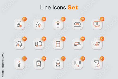 Set line Oil petrol test tube, Broken oil pipe with valve, tank storage, Barrel, Gasoline pump nozzle, price increase, Tanker truck and icon. Vector