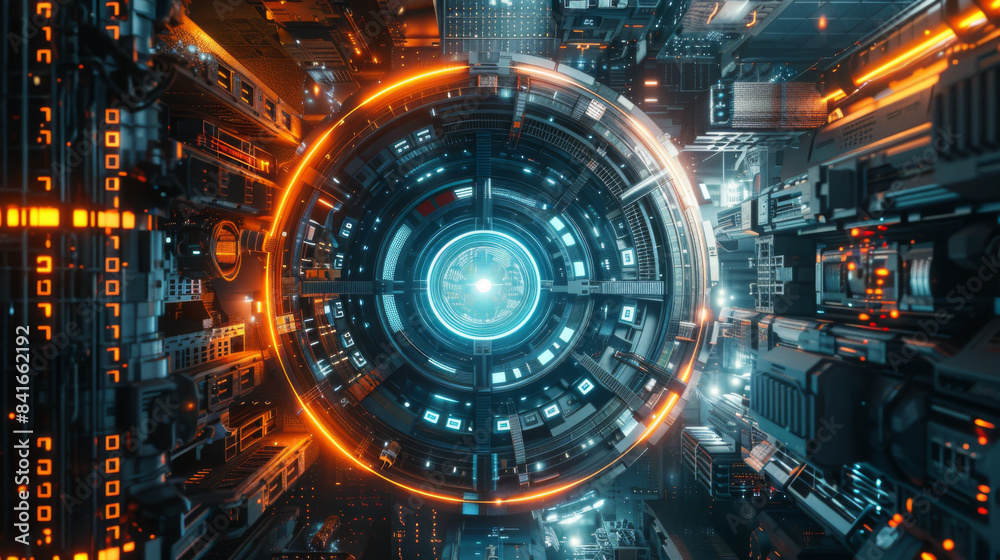 A futuristic cityscape with a glowing blue orb in the center A futuristic cityscape with a glowing blue orb in the center