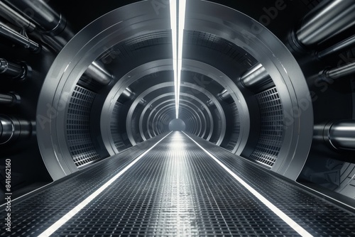 Step into the futuristic ambiance of an empty tunnel, illuminated by a white light strip along the floor.
