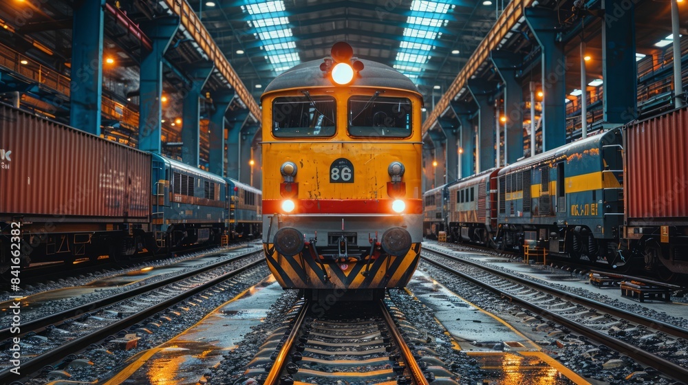 Rail yard with trains lined up for maintenance, showcasing the behind-the-scenes of rail operations. Rail yard with trains lined up for maintenance, showcasing the behind-the-scenes of rail operations.