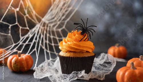 Delicious Halloween cupcakes with orange cream, spider web on backdrop. Tasty holiday treat.