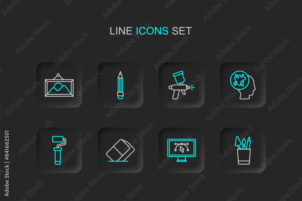 Set line Pencil case stationery, Computer with design program, Eraser or rubber, Paint roller brush, spray, gun, eraser and Picture landscape icon. Vector Set line Pencil case stationery, Computer with design program, Eraser or rubber, Paint roller brush, spray, gun, eraser and Picture landscape icon. Vector