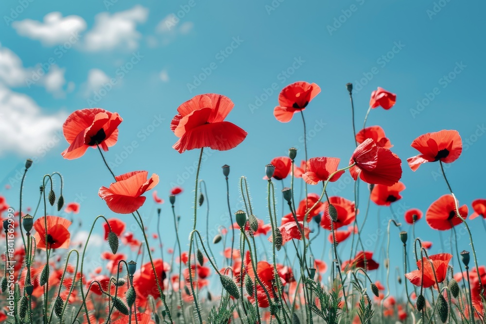 Vibrant Red Poppy Field Under Clear Blue Sky - Ideal for Nature Posters, Print Design Vibrant Red Poppy Field Under Clear Blue Sky - Ideal for Nature Posters, Print Design