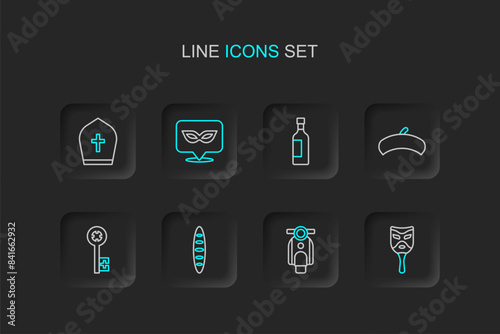 Set line Carnival mask, Scooter, French baguette bread, Old key, beret, Bottle of wine, and Pope hat icon. Vector