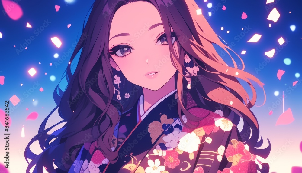 Japanese anime girl in a decorative kimono with cherry blossom petals, stock market indicators, isolated background, ideal for financial success visuals Japanese anime girl in a decorative kimono with cherry blossom petals, stock market indicators, isolated background, ideal for financial success visuals