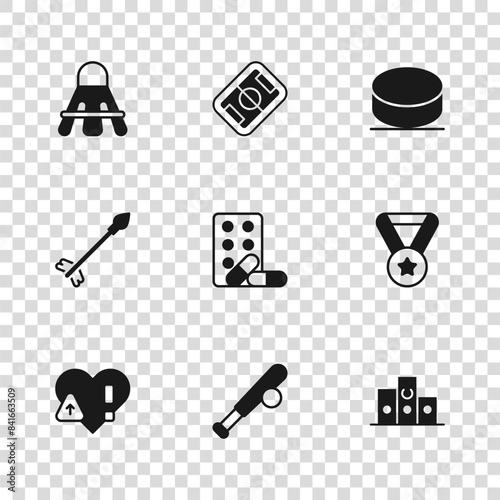 Set Baseball bat with ball, Medal, Award over sports winner podium, Sports doping dumbbell, Hockey puck, Badminton shuttlecock, Football field and Medieval arrows icon. Vector