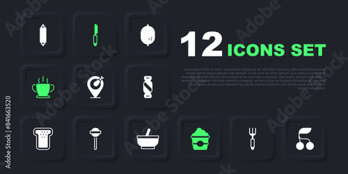 Set Fork, Fresh berries, Chicken leg, Popcorn in cardboard box, Bowl of hot soup, Lollipop, Knife and Mortar and pestle icon. Vector