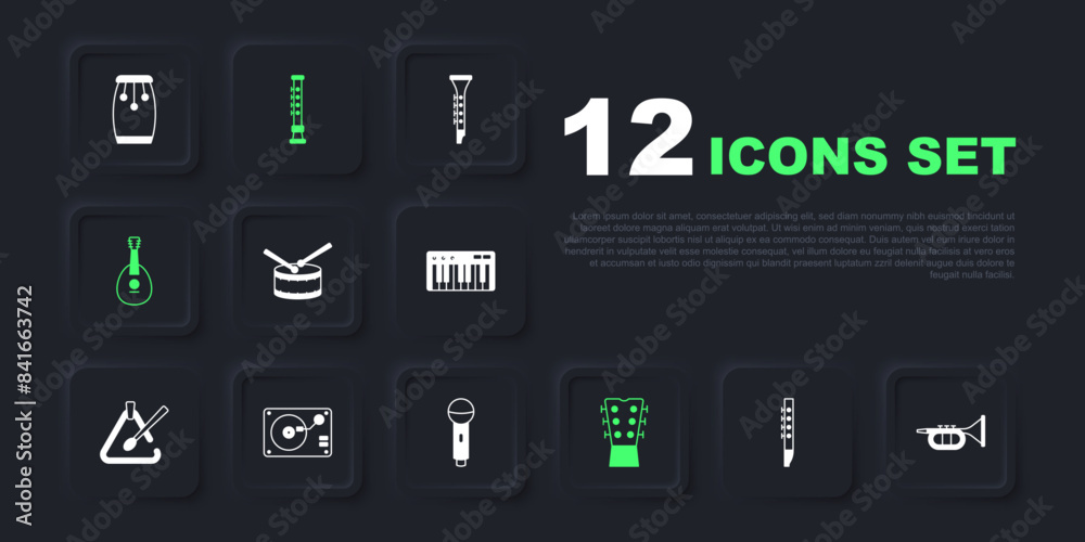 Set Flute, Trumpet, Drum with drum sticks, Guitar neck, Mandolin, Vinyl player vinyl disk, and Microphone icon. Vector Set Flute, Trumpet, Drum with drum sticks, Guitar neck, Mandolin, Vinyl player vinyl disk, and Microphone icon. Vector