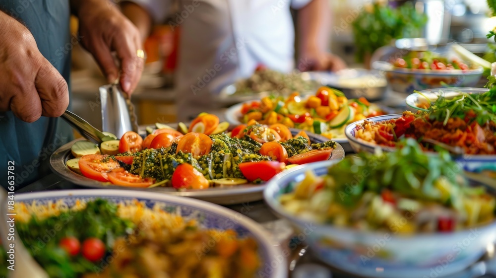 Detailed view of an iftar meal being prepared in a kitchen, with hands arranging food on platters Detailed view of an iftar meal being prepared in a kitchen, with hands arranging food on platters