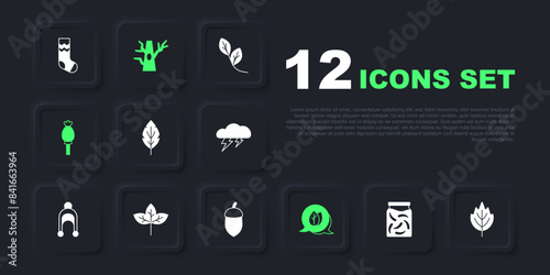 Set Pickled cucumbers in a jar, Leaf, Opium poppy, Bare tree and Acorn icon. Vector