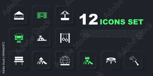 Set Jumping trampoline, Toy horse, Slide playground, Swing car, Swedish wall and Playground climbing equipment icon. Vector