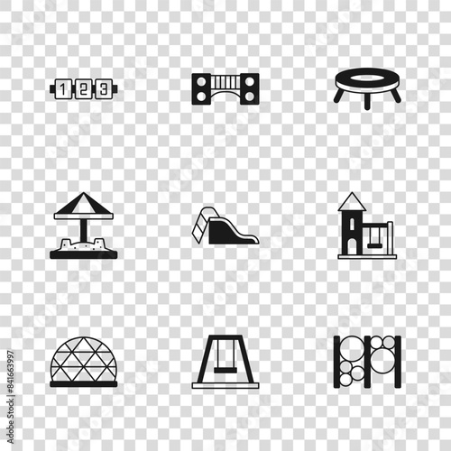 Set Swing for kids, Playground climbing equipment, Slide playground, Jumping trampoline, Education logic game, bridge and Sandbox with sand icon. Vector