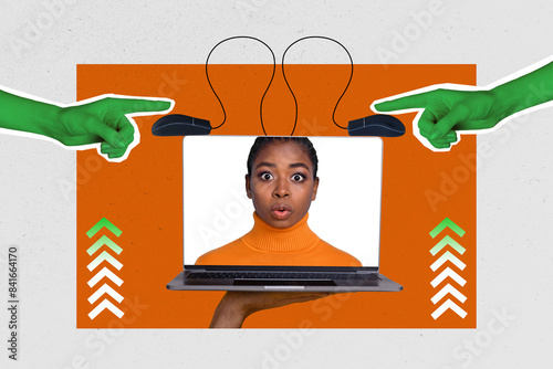 Trend artwork composite sketch image photo collage of laptop device monitor confused woman blogger appear hand reach finger touch mouse photo