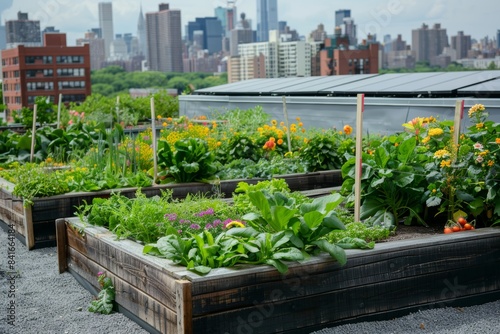 Rooftop Urban Garden with Raised Beds  Vegetables  Herbs  Flowers  Solar Panels  and Cityscape