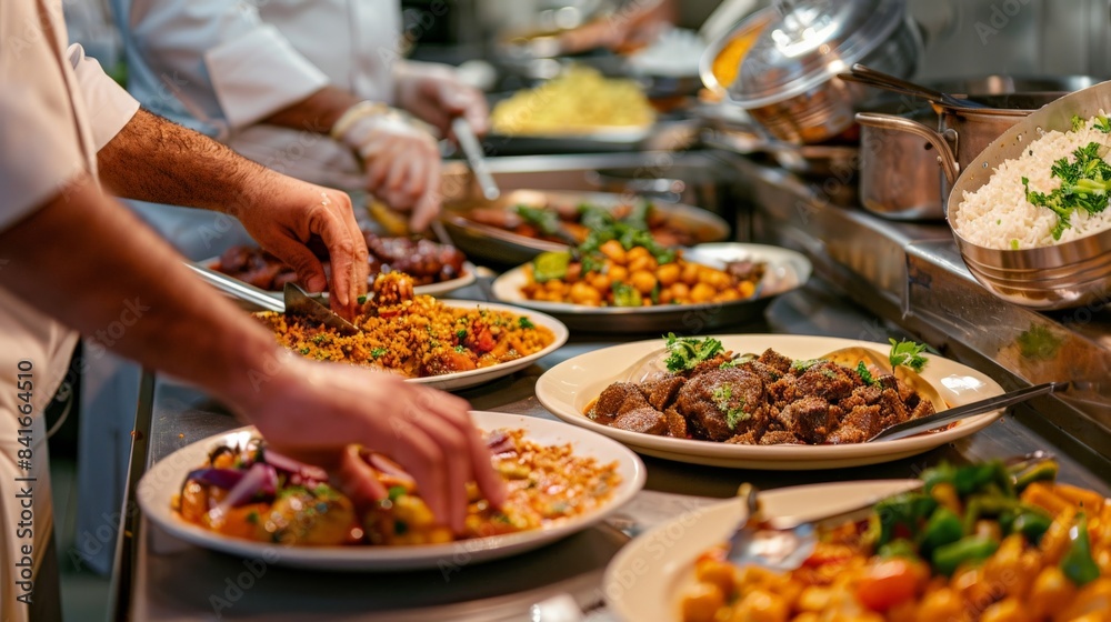 Detailed view of an iftar meal being prepared in a kitchen, with hands arranging food on platters