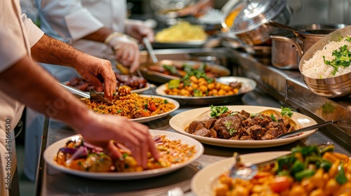 Detailed view of an iftar meal being prepared in a kitchen  with hands arranging food on platters