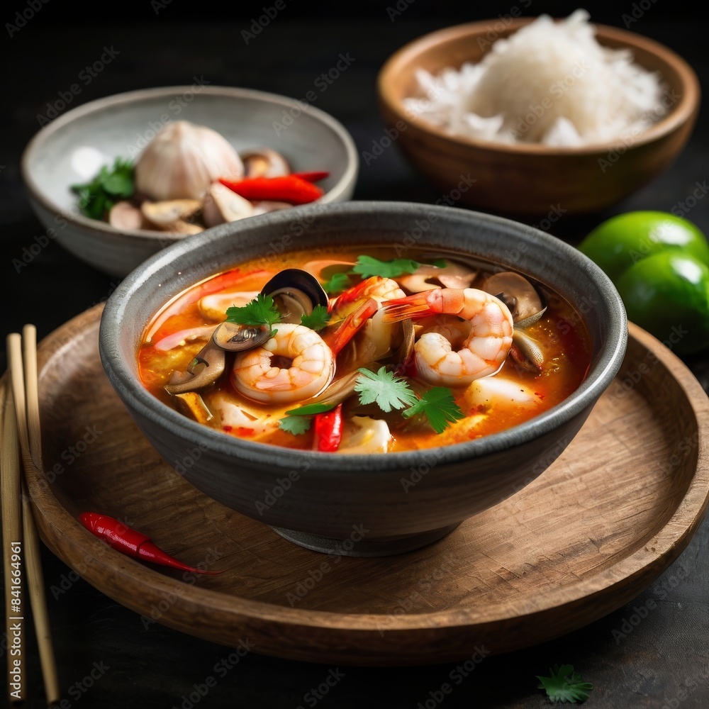 Tom Yum soup with shrimp, mushrooms, and fresh herbs, showcasing a spicy Thai dish in a bowl with lime on the side. Tom Yum soup with shrimp, mushrooms, and fresh herbs, showcasing a spicy Thai dish in a bowl with lime on the side.