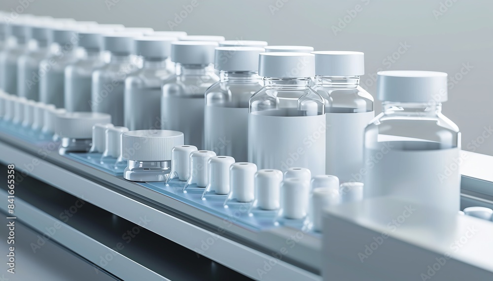 Imbottigliamento e confezionamento di prodotti medicali sterili. Linea di produzione nell'industria farmaceutica. Imbottigliamento e confezionamento di prodotti medicali sterili. Linea di produzione nell'industria farmaceutica.