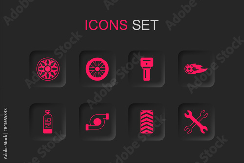 Set Automotive turbocharger, Alloy wheel for car, Car tire, Wheel in fire flame, Wrench spanner, key with remote and Nitrous oxide icon. Vector