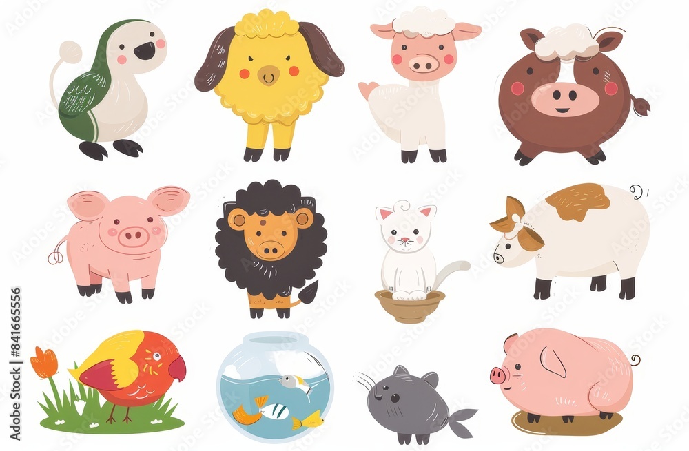 Animals set with sick babies. Sad bandaged cow, goatling, hen, parrot, fish cartoon modern illustration. Animals set with sick babies. Sad bandaged cow, goatling, hen, parrot, fish cartoon modern illustration.